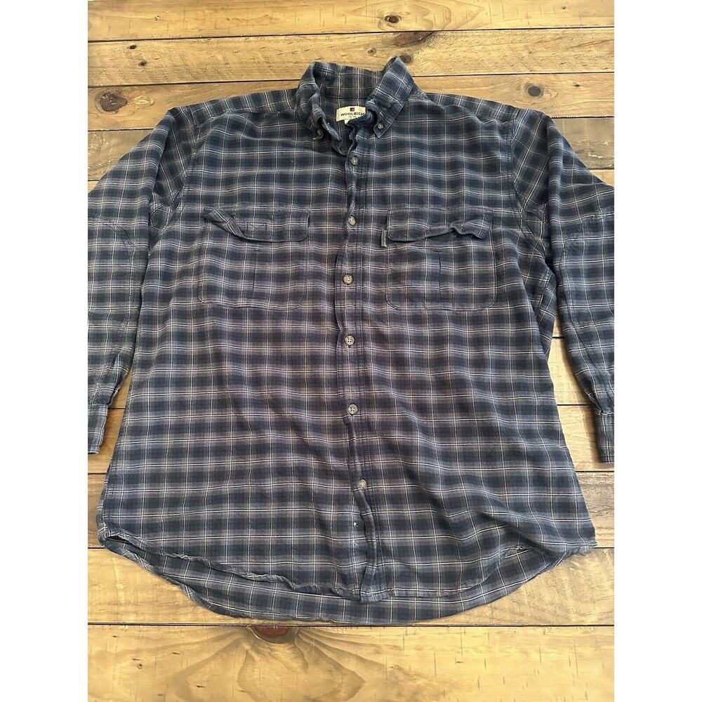 Woolrich Flannel Shirt Mens L Blue Plaid Button Up Heavyweight Chamois Pockets